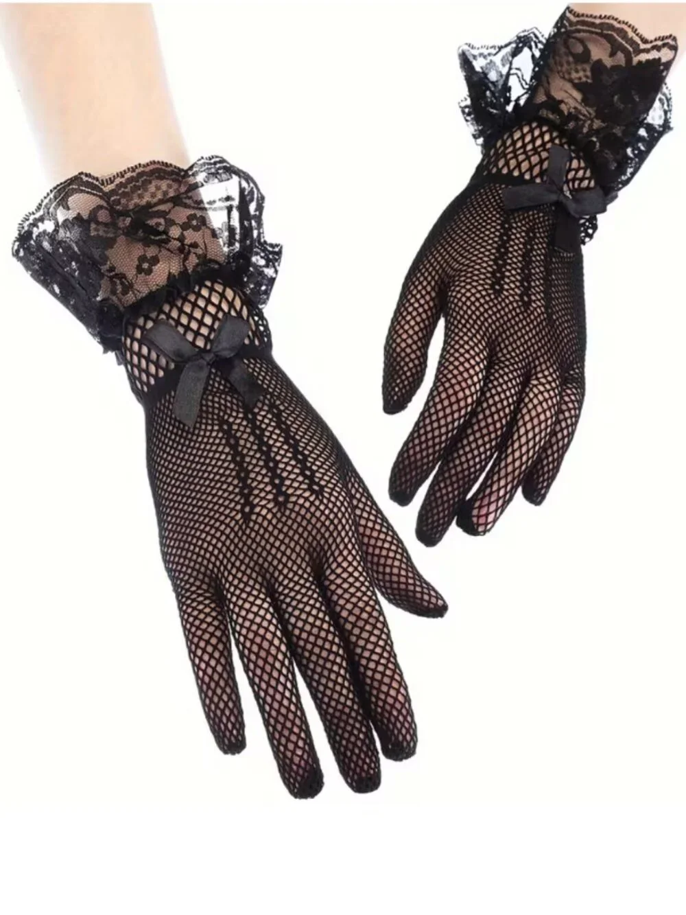 Fishnet Gloves Black Lace Trim Satin Bow Dance Gothic Carnival Role-Playing
